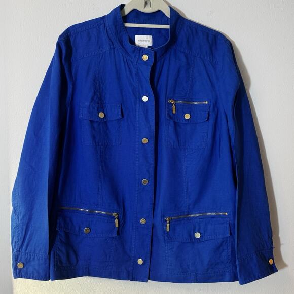 Chico's Jackets & Blazers - Chico’s Cobalt Blue Jacket Shacket Sz 3 (XL, 14-16) 100% Linen Women's High Neck